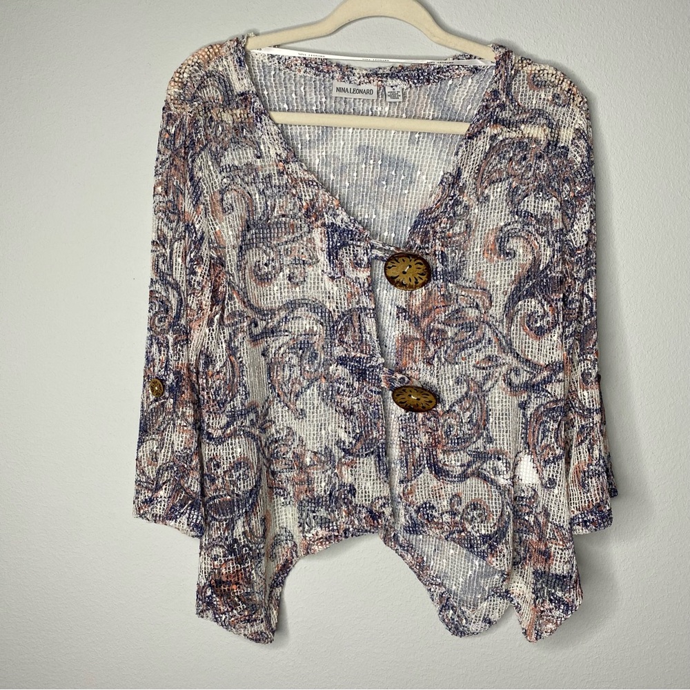 Nina Leonard Womens Mesh Sequin Sheer 3/4 Sleeve Paisley Beach Cardigan Sz S